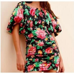 For Love and Lemons Jolie Floral Satin Puff Sleeve Ruched Mini Dress size S